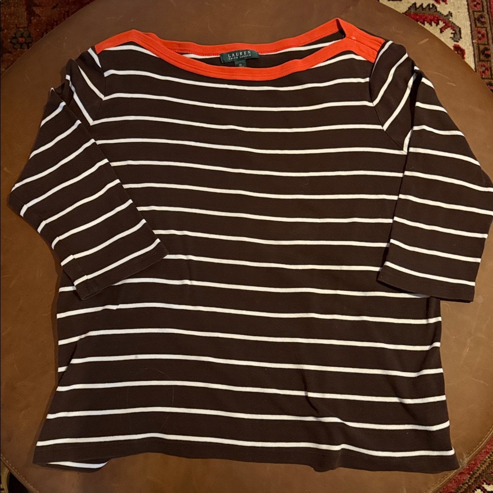 Lauren Ralph Lauren Brown and White Striped Boatneck Top with Orange Trim